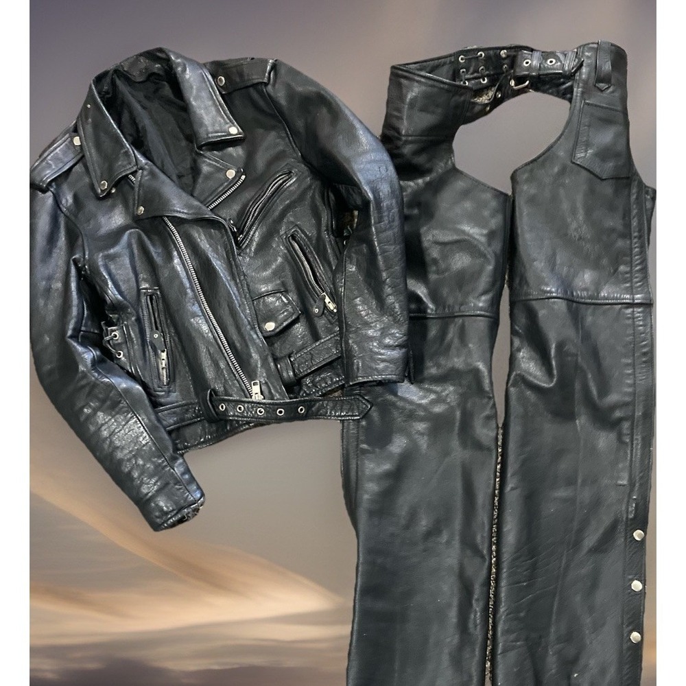 Women's Small Leather Motorcycle Jacket/Chaps - Pants Set Black Biker UNIK